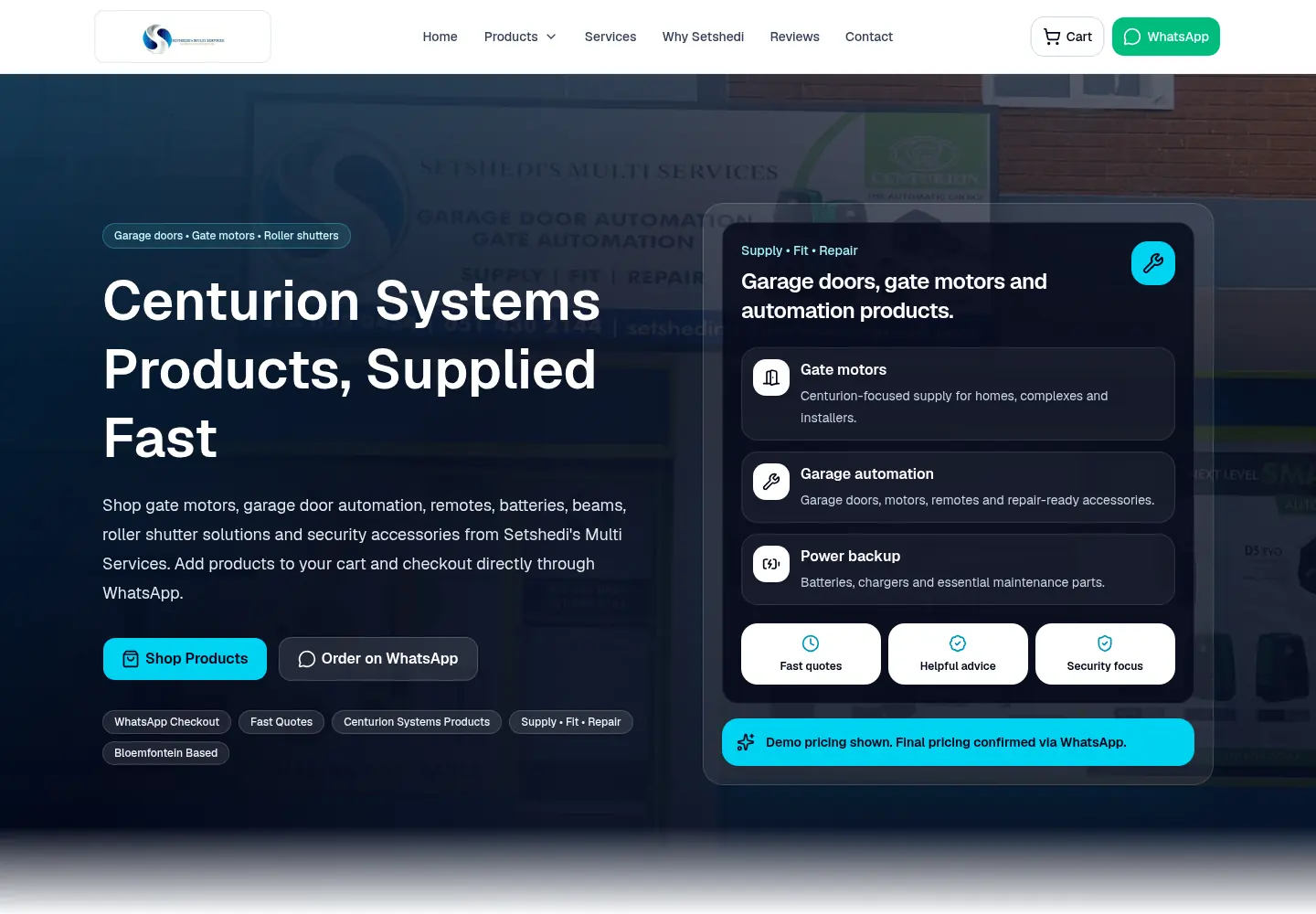 Homepage screenshot preview of the Setshedi Multi Services website concept.